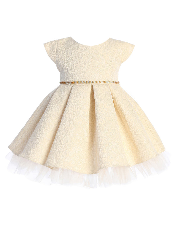 Baby Girls Ivory Pleated Jacquard Cap Sleeve Tulle Flower Girl Dress 6-24 Months - SophiasStyle.com